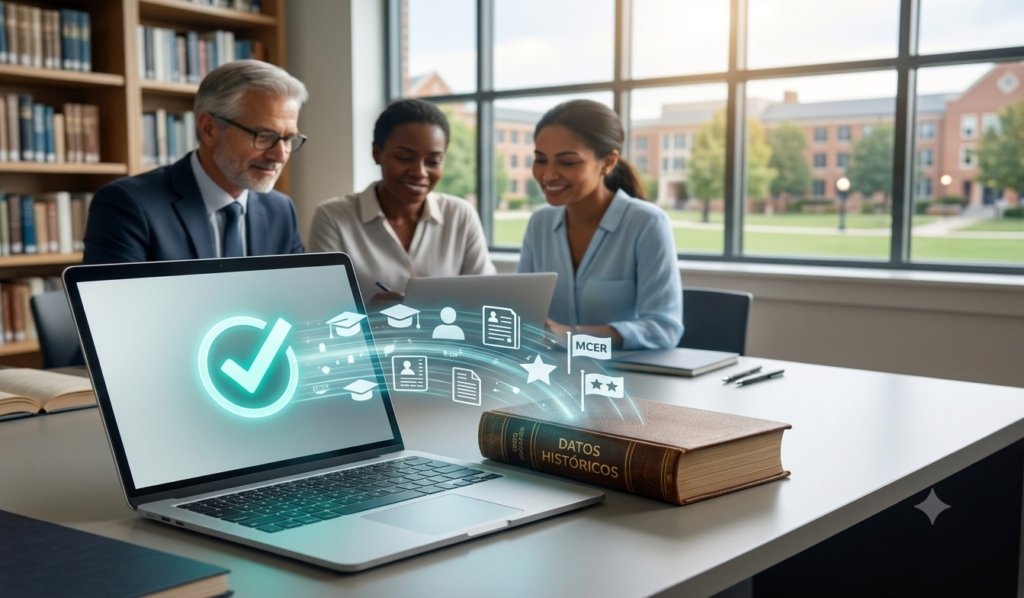Ordenador con interfaz moderna mostrando la transferencia segura de datos de evaluación académica e históricos de exámenes hacia una nueva plataforma con la validación de un equipo académico al fondo.