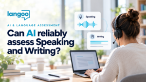 Candidate wearing a headset and using a laptop, with graphics representing AI assessment of Speaking and Writing.